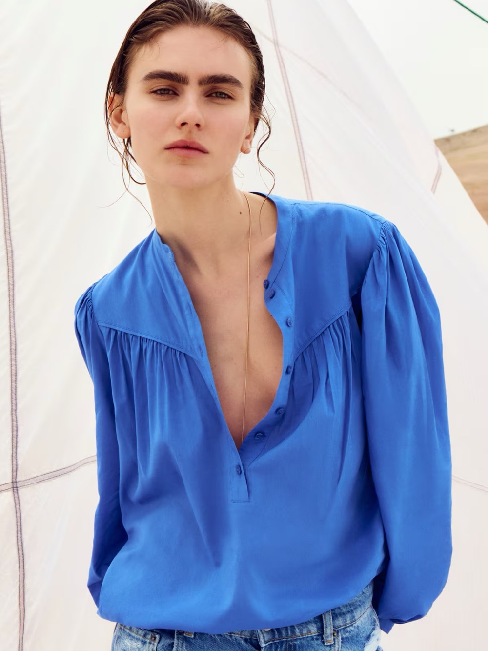 H&M oversized Royal Blue Button-Up Peasant Blouse size medium, balloon sleeve
